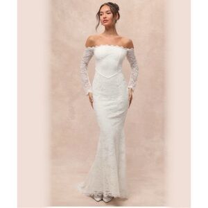 NEW Lulus Beloved Promise Off-Shoulder White Lace Mermaid Dress Sz Small